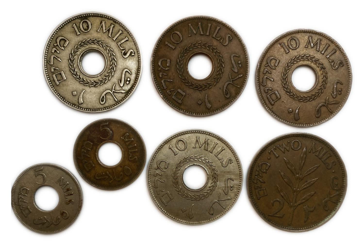 Palestine - Lot of 7 Mandate Coins - 2, 5, 10 Miles 1927, 1933, 1940, 1942, 1943, 1945 - VF-AU
MIL ... - 1 1