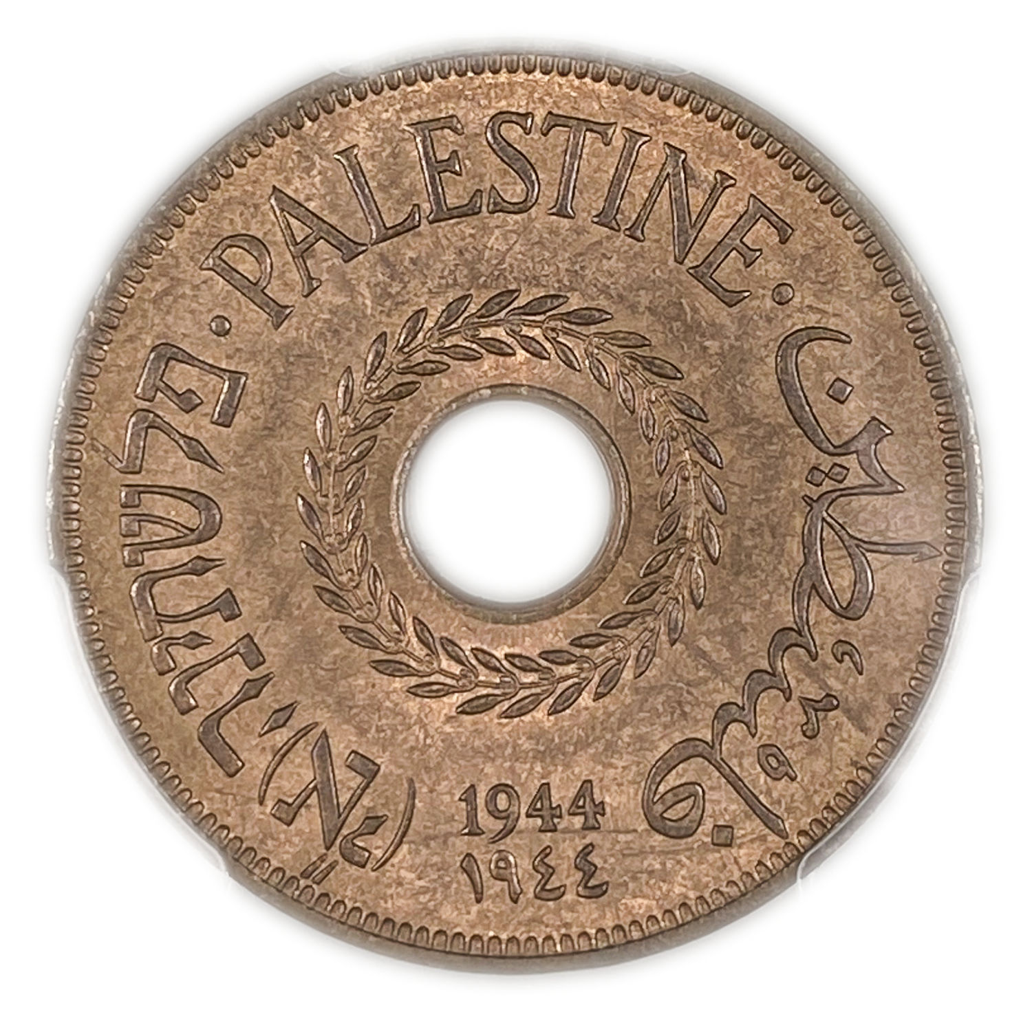 Palestine - 20 Mils 1944 - Very high grade - Extremly rare - PCGS MS 64 RB
Only one coins known ... - 1 0