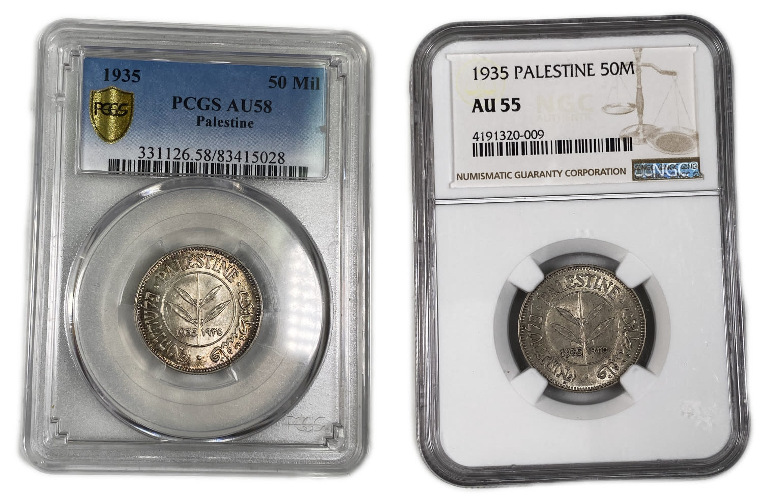 Palestine - Pair coins of 50 Mils 1935 - NGC 55, PCGS 58
Mil was the Hebrew name of the coin that was ... - 1 0