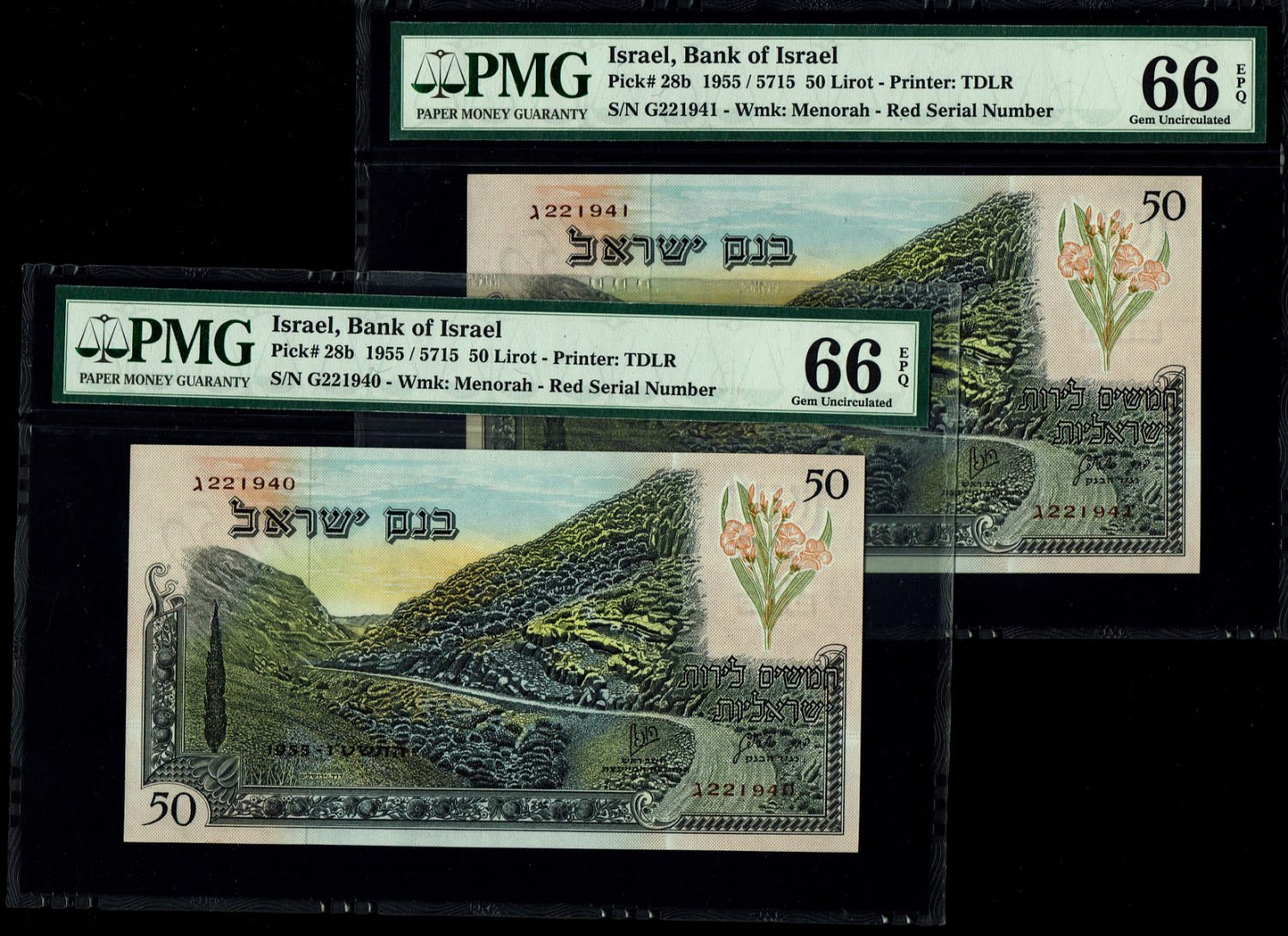Israel - Pair banknotes of 50 Lirot 1955 - PMG 66 EPQ - Red Serial Number - Consecutive numbers - Prefix G ... - 1 0