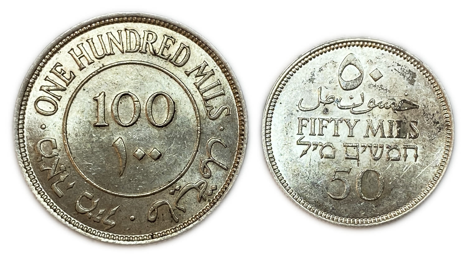 Palestine - Pair of coins 50, 100 Mils 1940 - AU-UNC
Mil, was the Hebrew name of the coin that was legal ... - 1 1