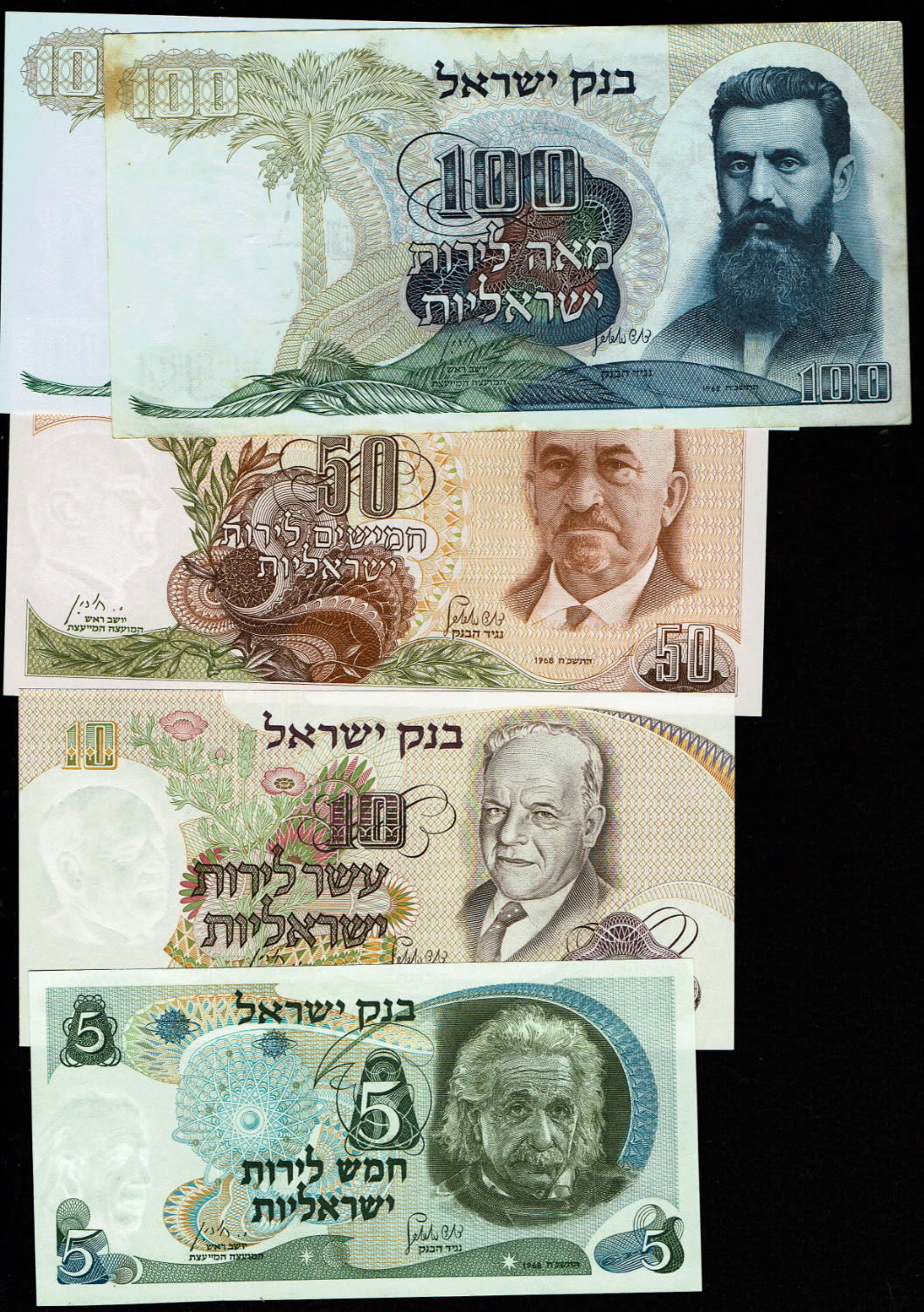Israel - 5 banknotes of 5, 10, 50, 100 Lirot 1968
The personal series replaced the character series ... - 1 0