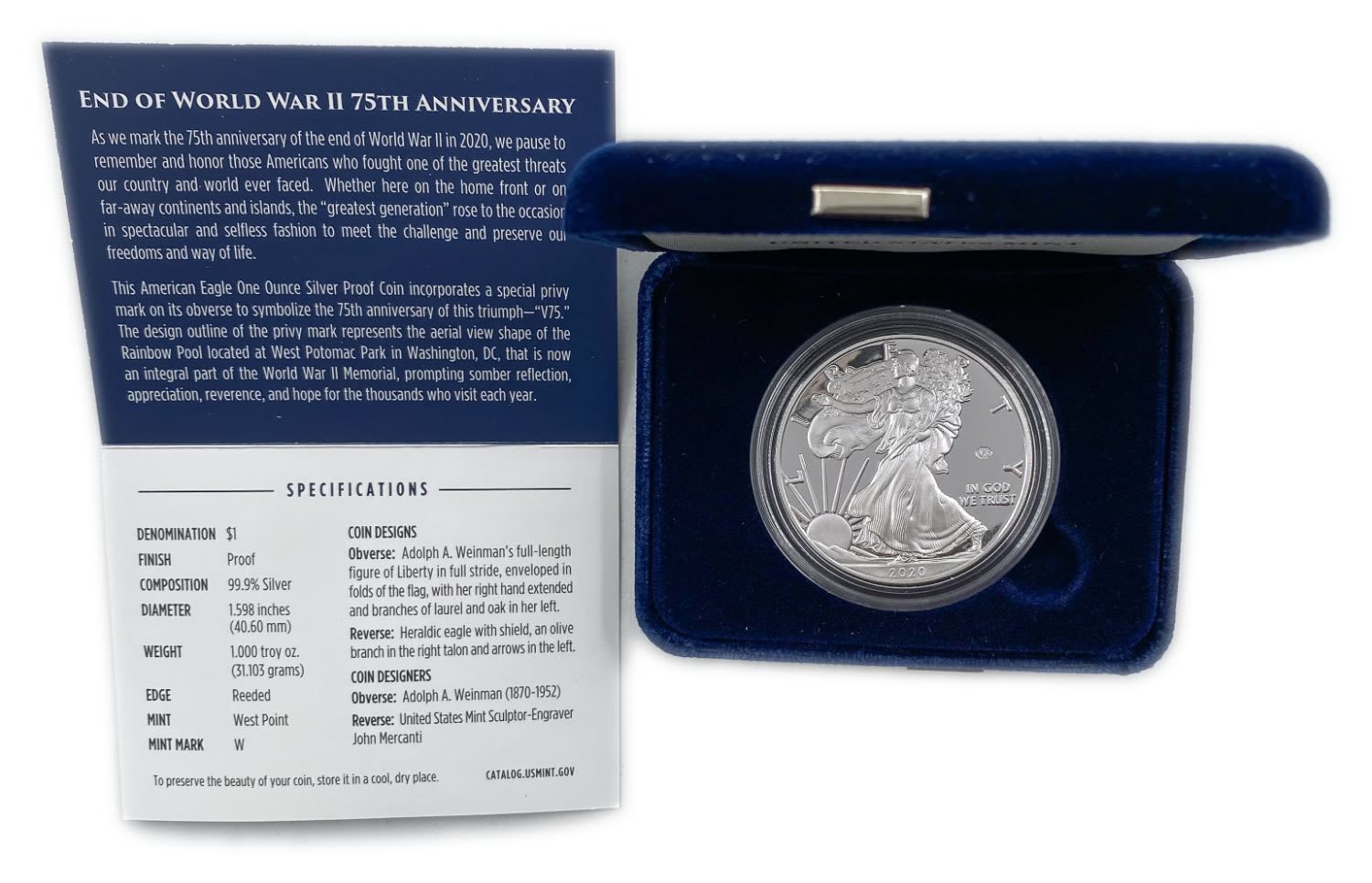 USA - 1 Dollar 2020 - End of World War II 75th Anniversary American Eagle Silver Proof Coin - Mintage 75 ... - 1 3