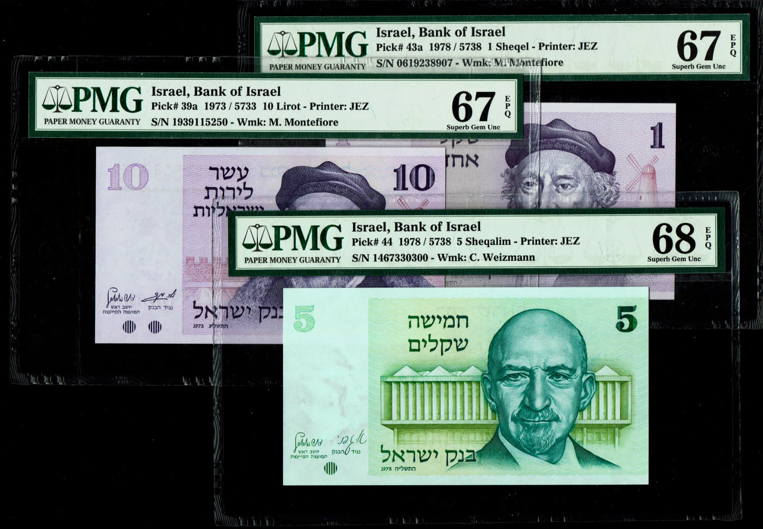 Israel - Lot of 3 banknotes 10 Lirot, 1, 5 Sheqels, 1973, 1978 - PMG 67-68 EPQ
5 Shekels - Only 3 ... - 1 0