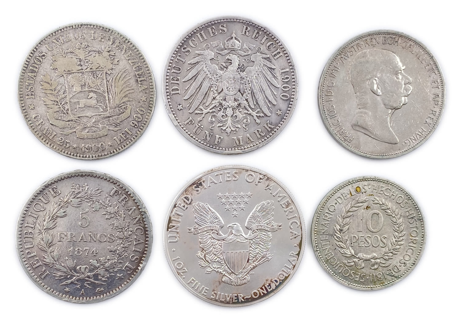 World - Lot of six world coins made of silver - US, Russia, France, Germany, Uruguay - different conditions and years - 1 1