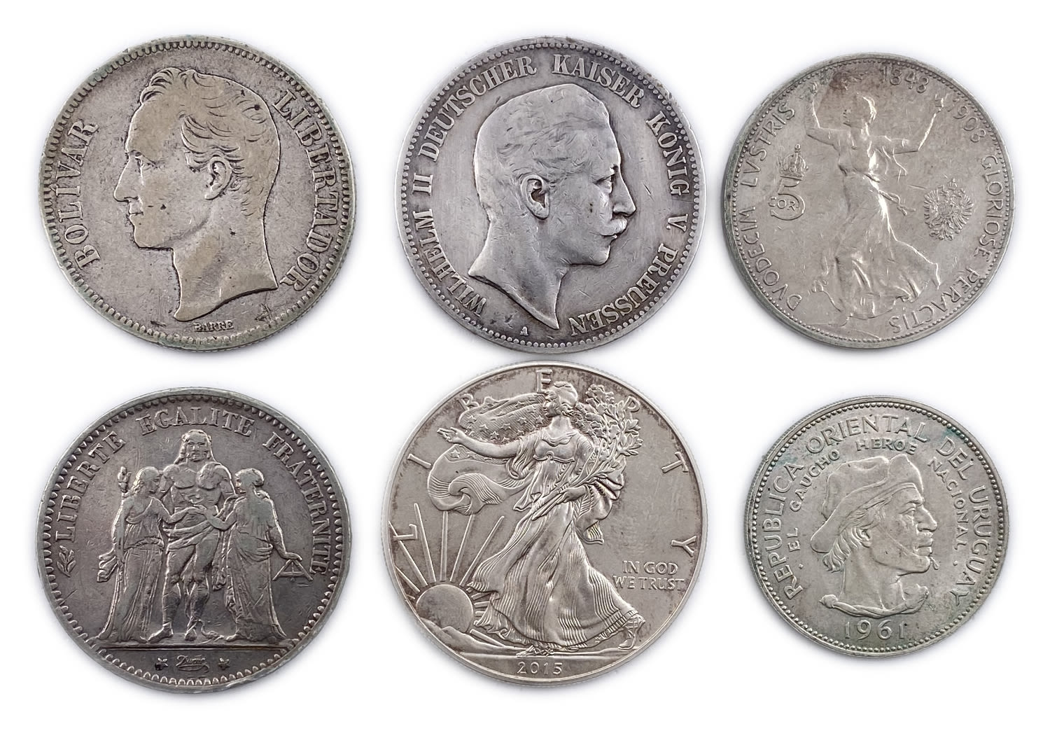 World - Lot of six world coins made of silver - US, Russia, France, Germany, Uruguay - different conditions and years - 1 0