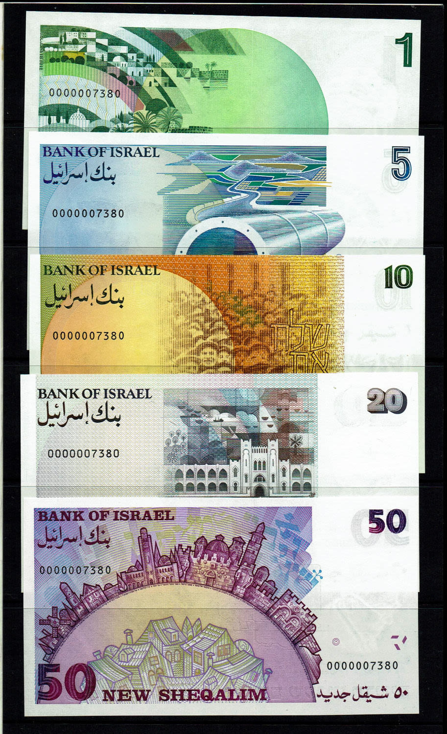 Israel - Banknote set of identical serial numbers - 1986-1991.
5 banknotes with the same number ... - 1 0