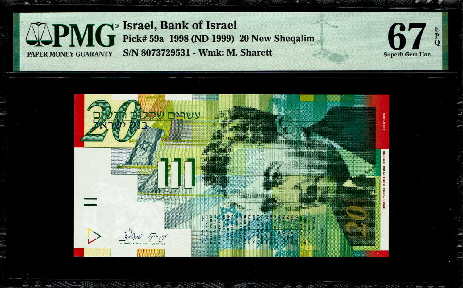 Israel - 20 New Shekels 1998 - PMG 67 EPQ
Front: Portrait of Moshe Sharett, picture of the ceremony ... - 1 0