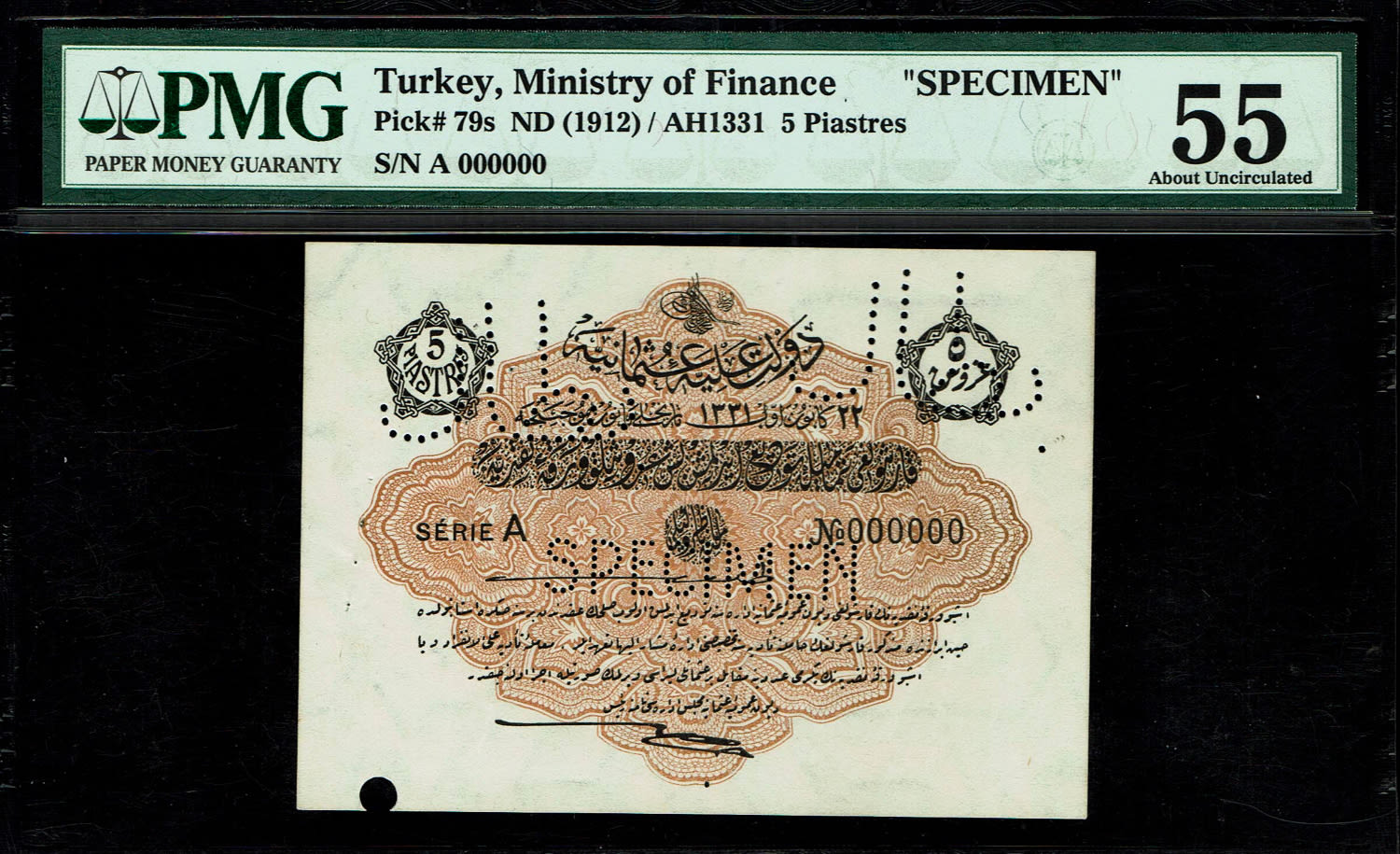 Turkey / Ottoman Empire - 5 Piastres 1912 (AH 1331) - SPECIMEN - PMG 55
Sample prints are ... - 1 0