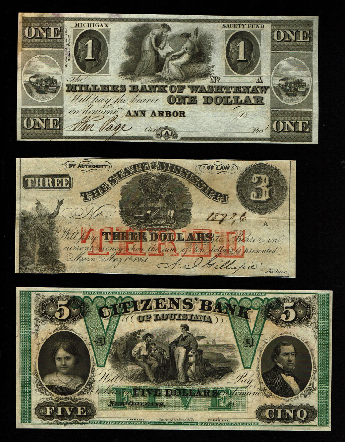 USA - Lot of 3 banknotes 1, 3, 5 Dollars without years - VF-AU
The Confederate States of America ... - 1 0