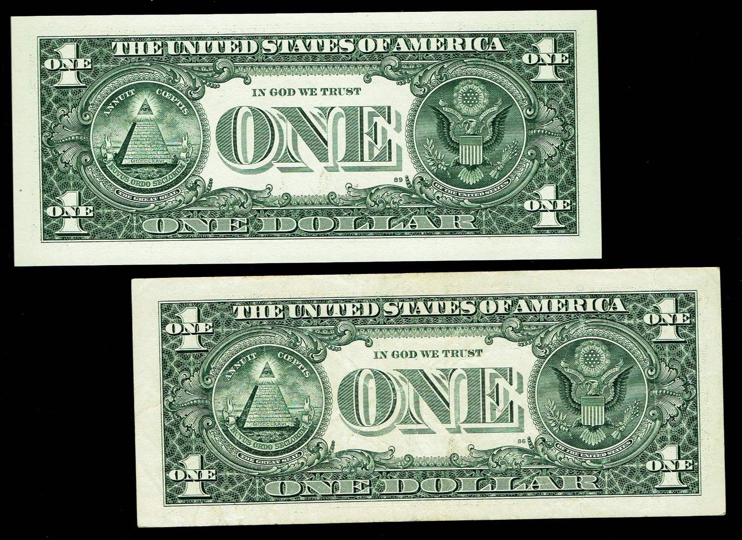USA - Pair of two 1 Dollar banknotes, 2003, 2009 - Same serial number - VF, UNC
The dollar (or US ... - 1 1