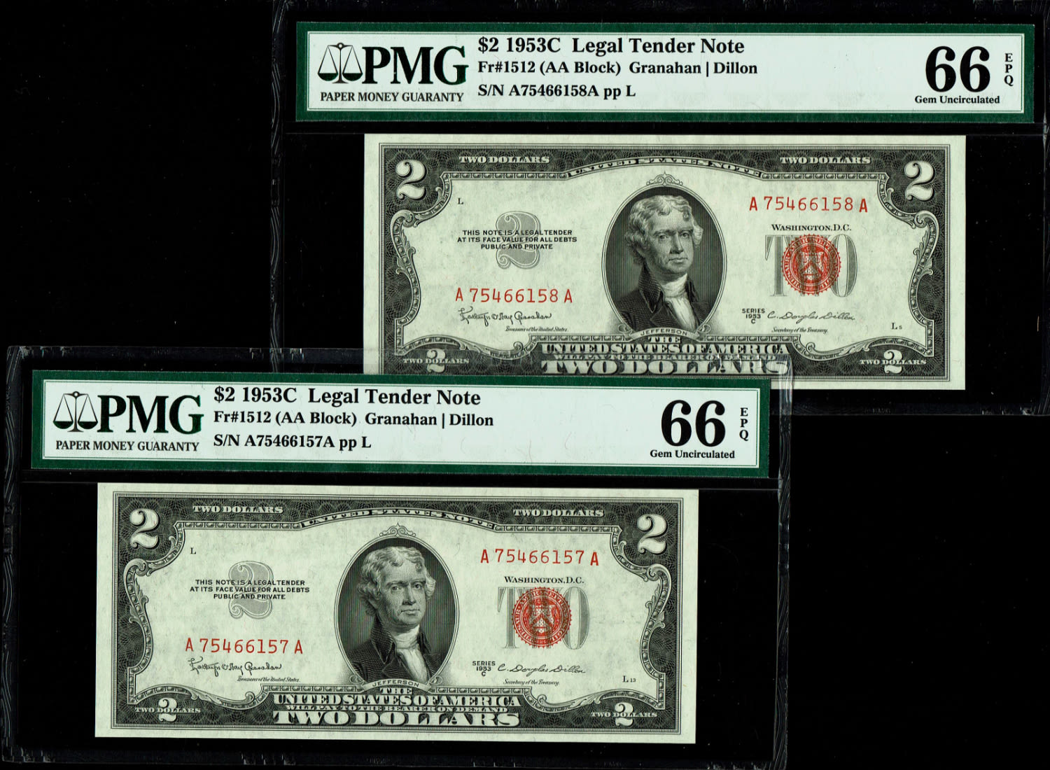 USA - 2 Dollars 1953C - Consecutive numbers - PMG 66 EPQ
The dollar (or US dollar, also known as the ... - 1 0
