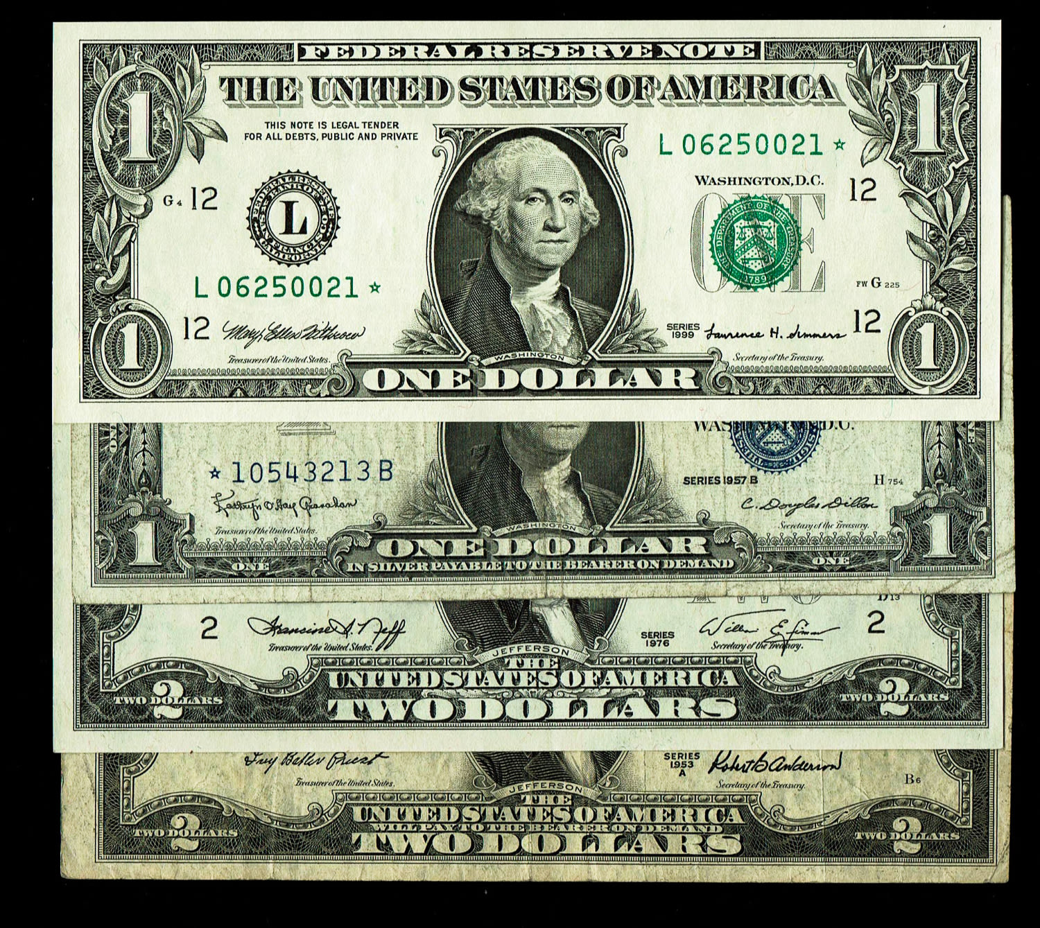 USA - Lot of 4 banknotes, 1, 2 dollars 1953, 1957, 1976, 1999 - with star - VF, UNC
... - 1 0
