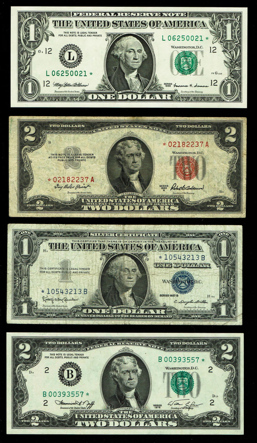 USA - Lot of 4 banknotes, 1, 2 dollars 1953, 1957, 1976, 1999 - with star - VF, UNC
... - 1 1