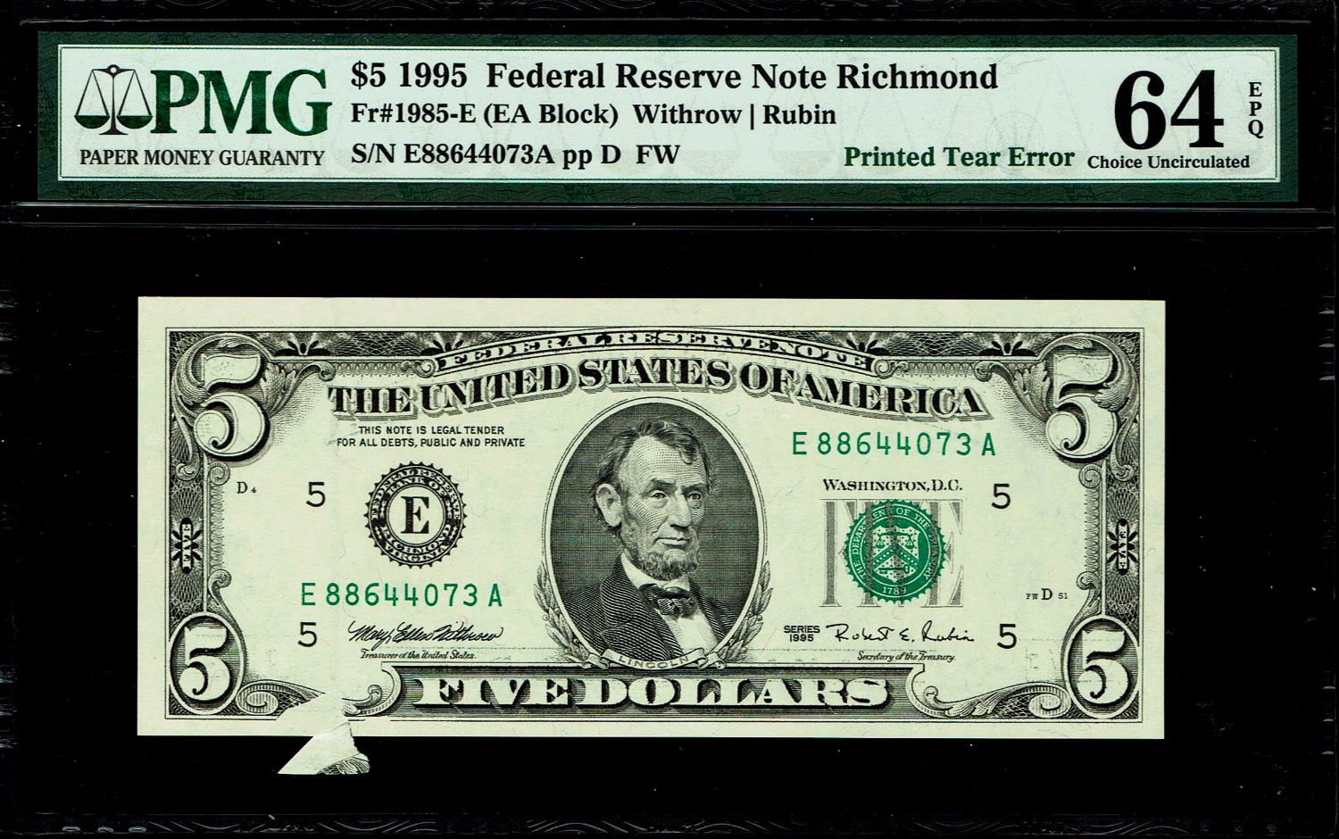 USA - 5 Dollars 1995 - Printing error, Printed tear error - PMG 64 EPQ
The dollar (or US dollar, also ... - 1 0