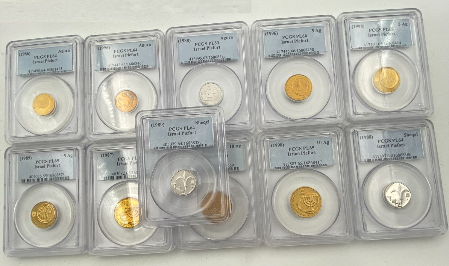 Israel - Lot of 11 double-thickness (Pirfort) coins - 1, 5, 10 agorot, 1 shekel - 1986, 1987, 1988, 1989, 1996, 1998 - 1 0