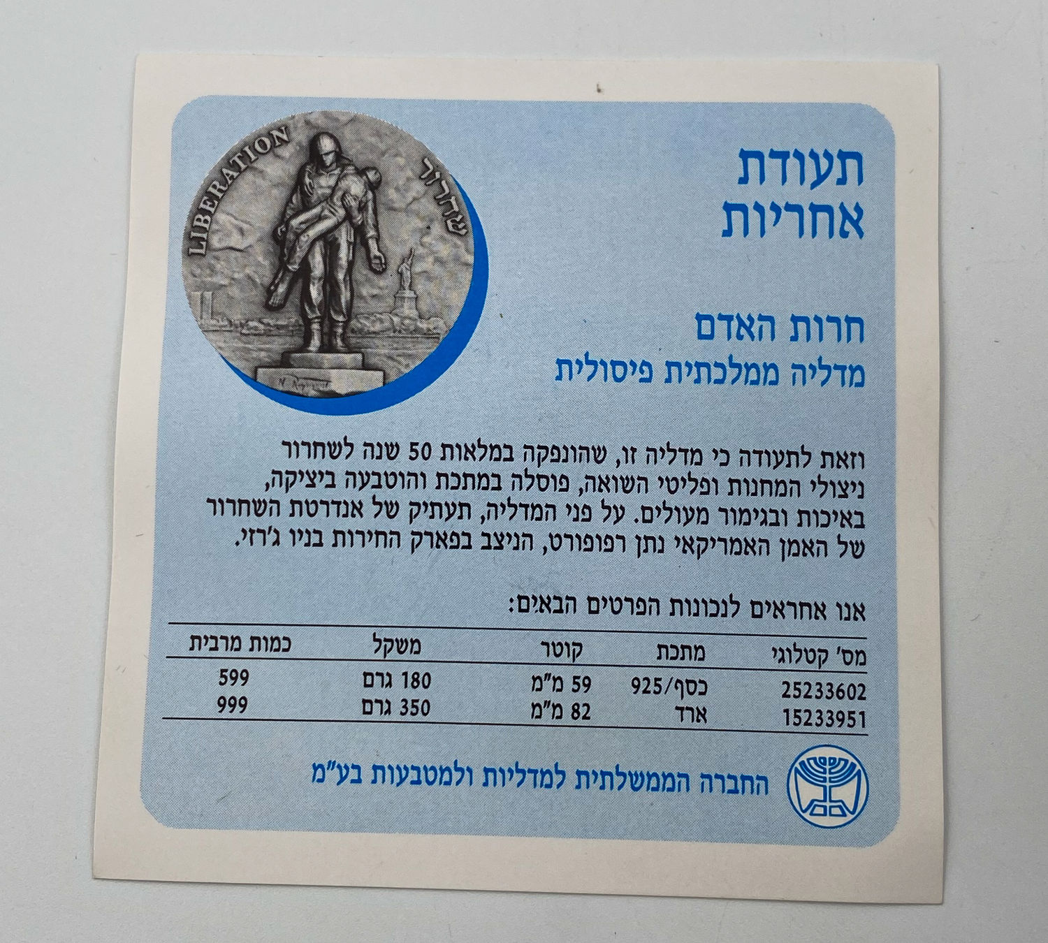 Israel - Human freedom, Sculpture Medal 50th Anniversary of the Liberation from the Extermination Camps - 1995 - ... - 1 3