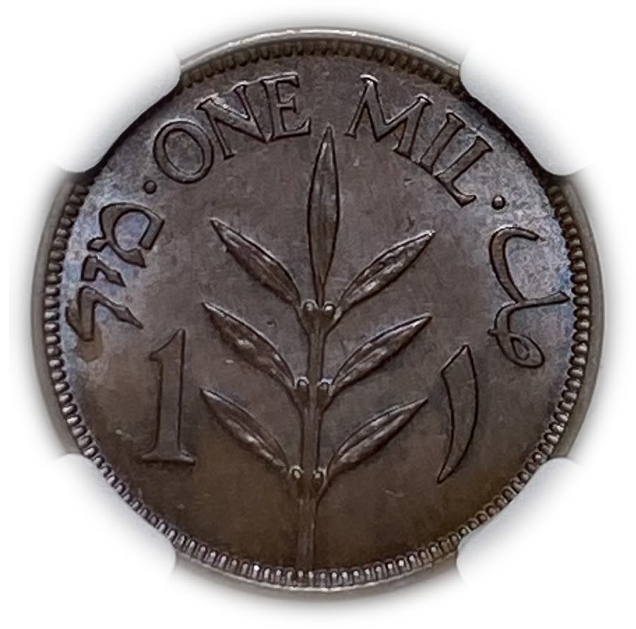Palestine - 1 Mil 1937 - NGC 64 BN - UNC
Beautiful coin with blue-purple patina
Mil ... - 1 1