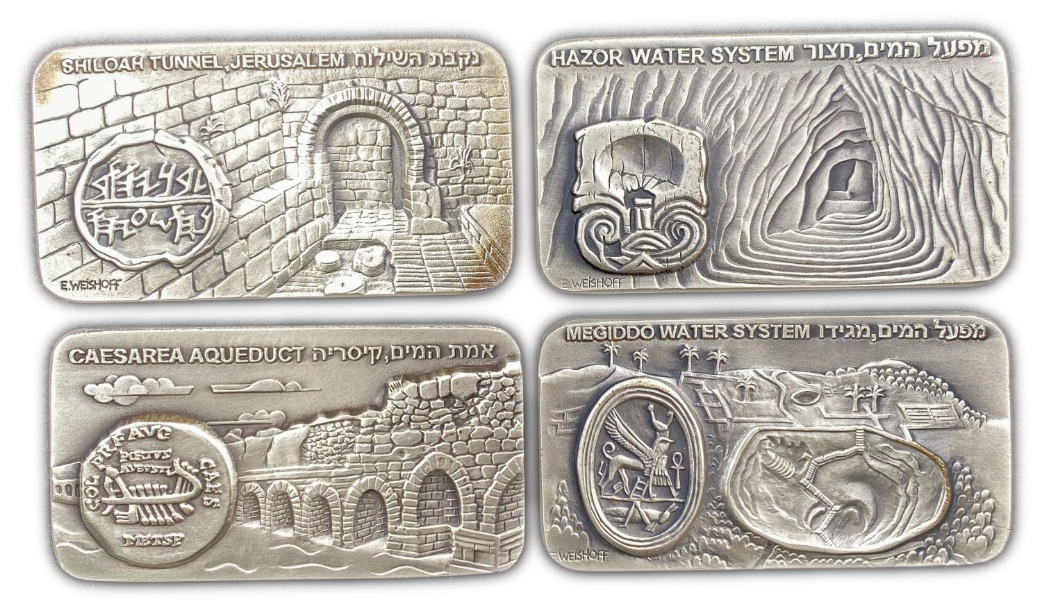 Israel - Lot of 4 rectangular medals on the subject of ancient waterworks in Eretz Israel - 925 silver, 136 g ... - 1 0