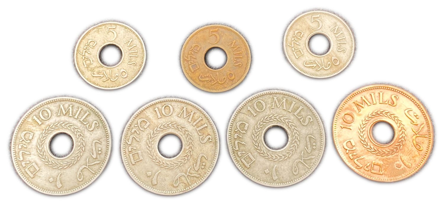 Palestine - Lot of 7 coins, 5 and 10 Mils 1927, 1935, 1939, 1942, 1946 - F-VF
MIL, was the Hebrew ... - 1 1