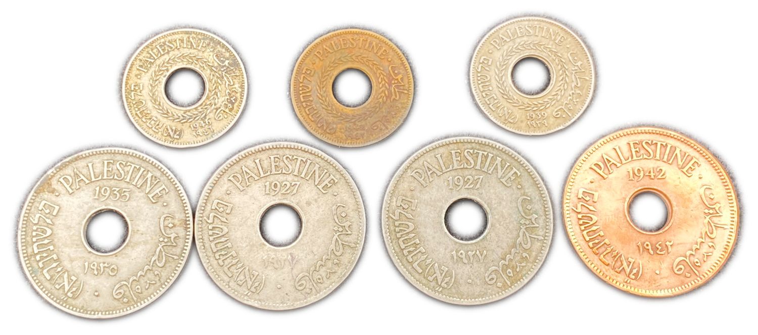Palestine - Lot of 7 coins, 5 and 10 Mils 1927, 1935, 1939, 1942, 1946 - F-VF
MIL, was the Hebrew ... - 1 0