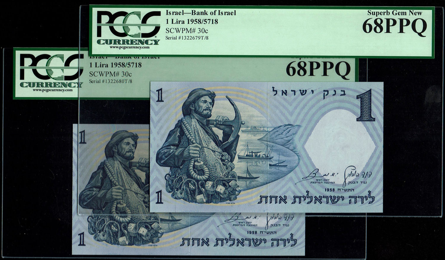 Israel - 1 Lira 1958 - Brown serial number - PCGS 68 PPQ - Consecutive Numbers - Prefix T/8
The ... - 1 0