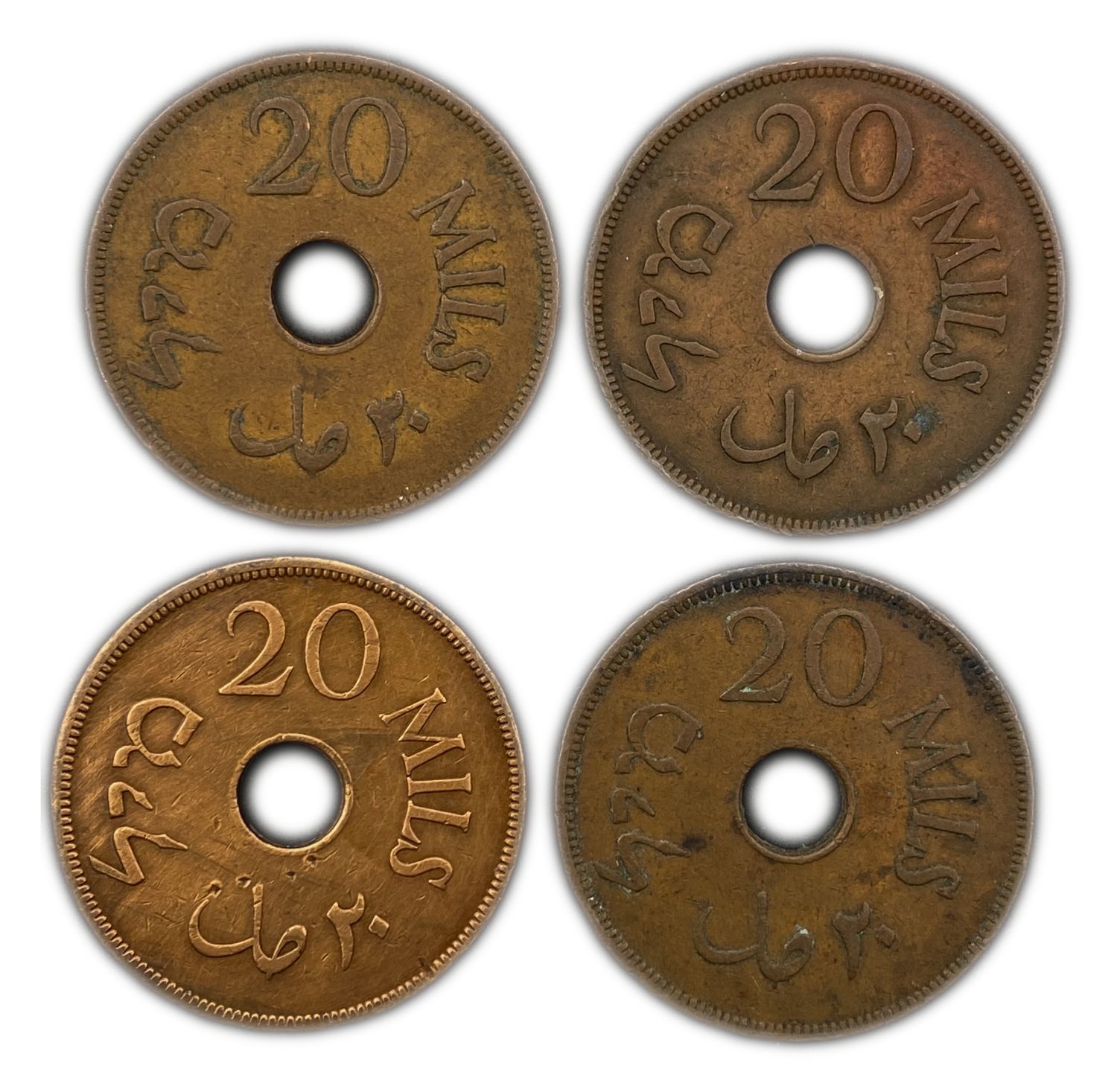 Palestine - 20 Mils 1942 - Lot of 4 coins - VF
MIL, was the Hebrew name of the coin that was ... - 1 1