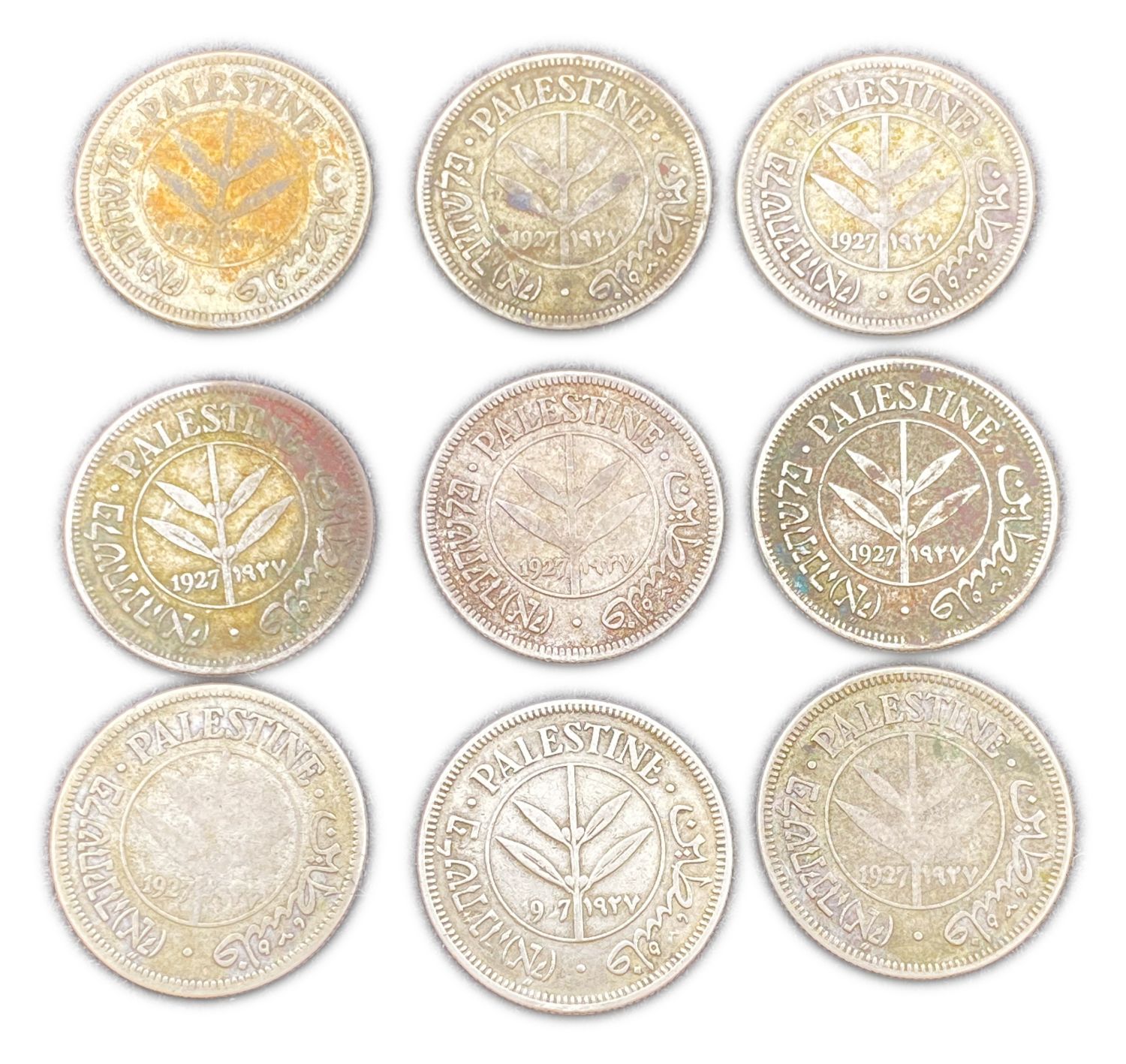 Palestine - 50 Mils 1927 - Lot of 9 coins - F
Mil was the Hebrew name of the coin that was legal in ... - 1 0