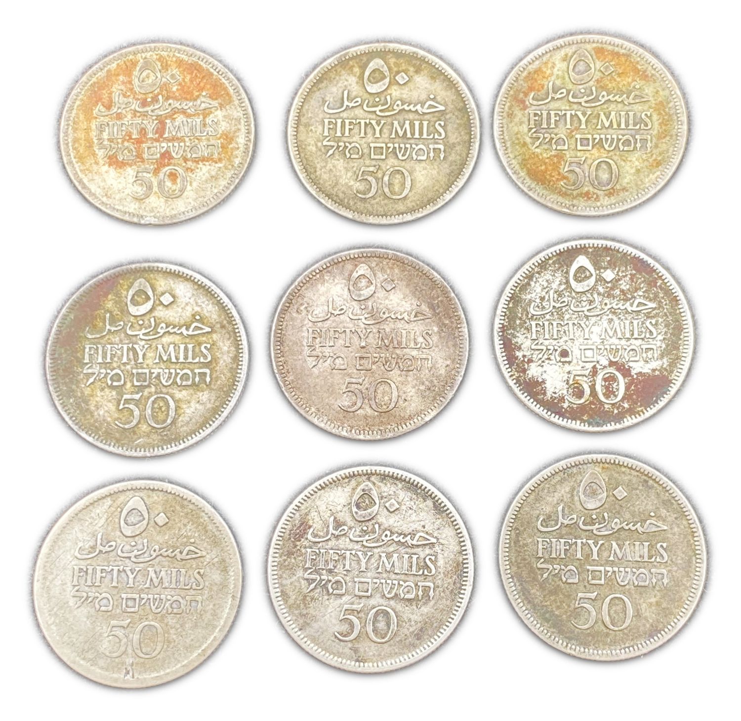 Palestine - 50 Mils 1927 - Lot of 9 coins - F
Mil was the Hebrew name of the coin that was legal in ... - 1 1