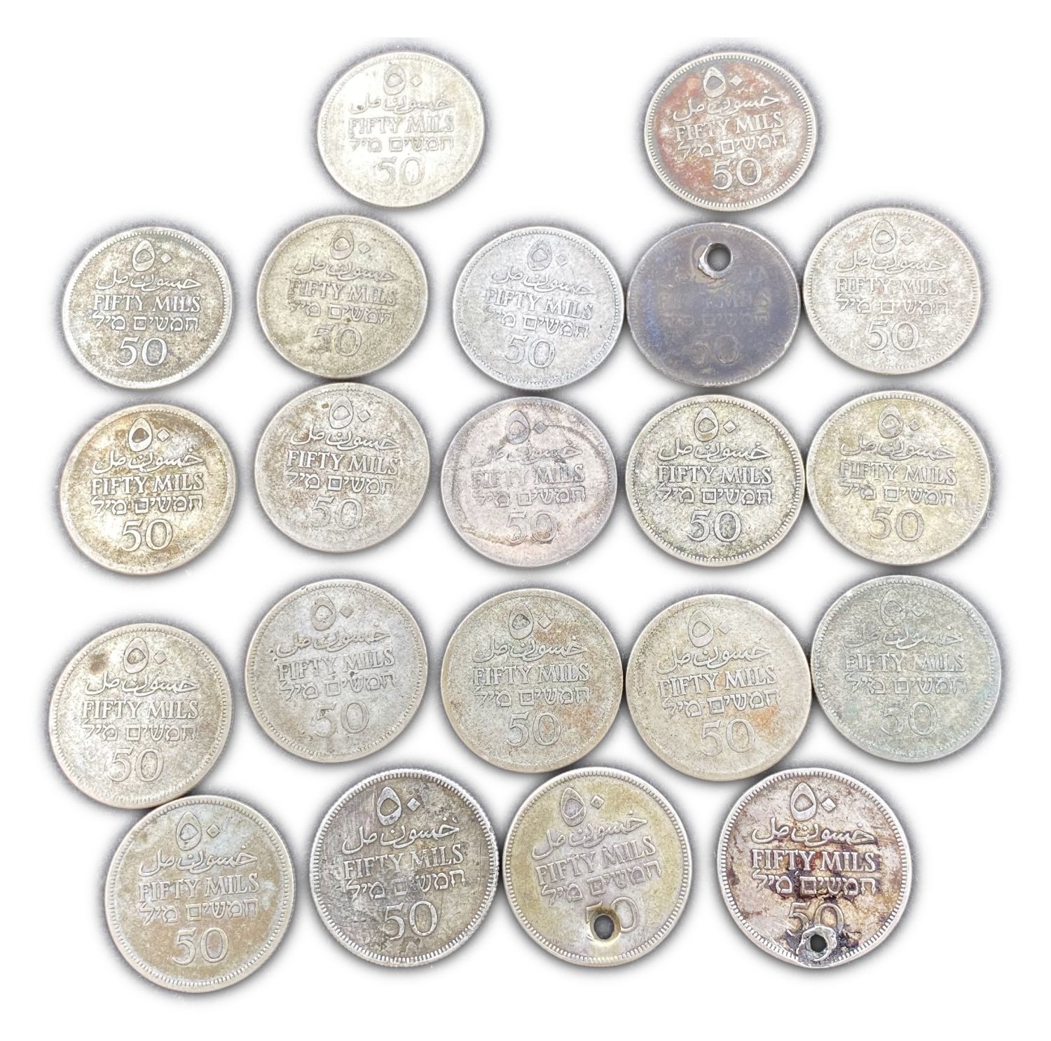 Palestine - Lot of 21 coins of 50 Mils, Diffrent years - VG-F
Mil was the Hebrew name of the coin ... - 1 1