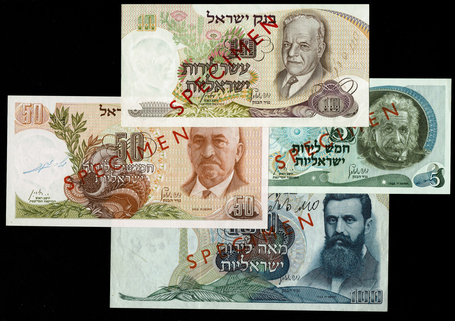 Israel - 5, 10, 50, 100 Lirot 1968 - Full SPECIMEN Collection of the Personal Series with signatures of David ... - 1 0