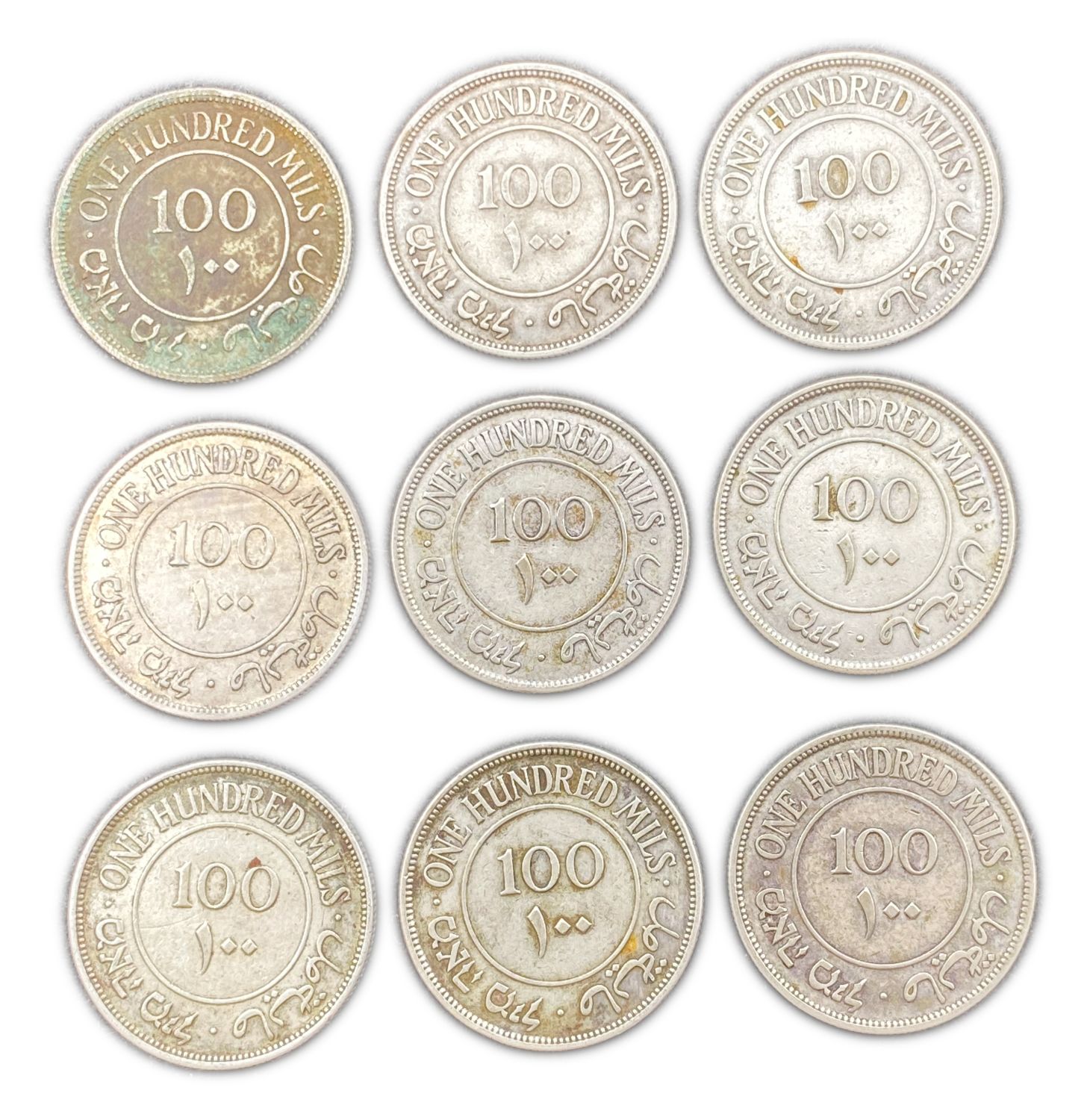 Palestine - Lot of 9 coins of 100 Mils 1927, 1935, 1939 - F-VF
Mil, was the Hebrew name of the coin ... - 1 1