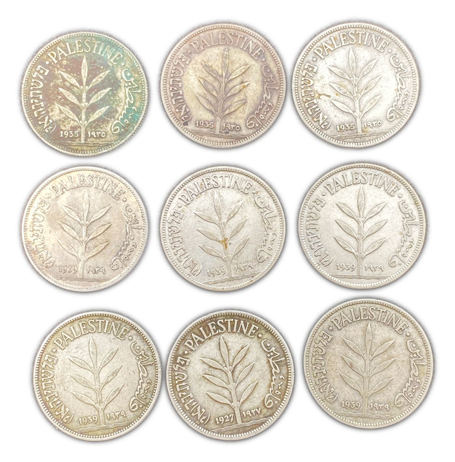 Palestine - Lot of 9 coins of 100 Mils 1927, 1935, 1939 - F-VF
Mil, was the Hebrew name of the coin ... - 1 0