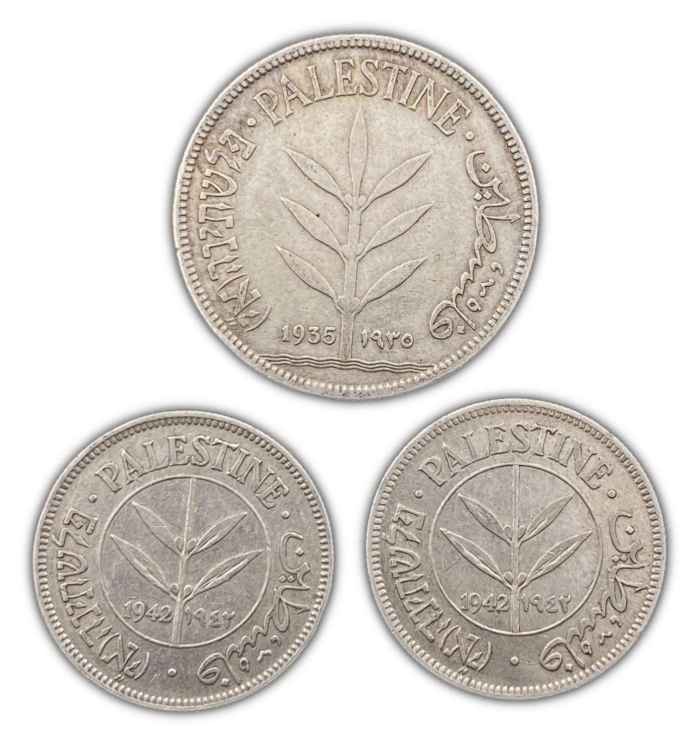 Palestine - Lot of 3 coins of 50 and 100 Mils 1935, 1942 - VF
Mil was the Hebrew name of the coin ... - 1 0