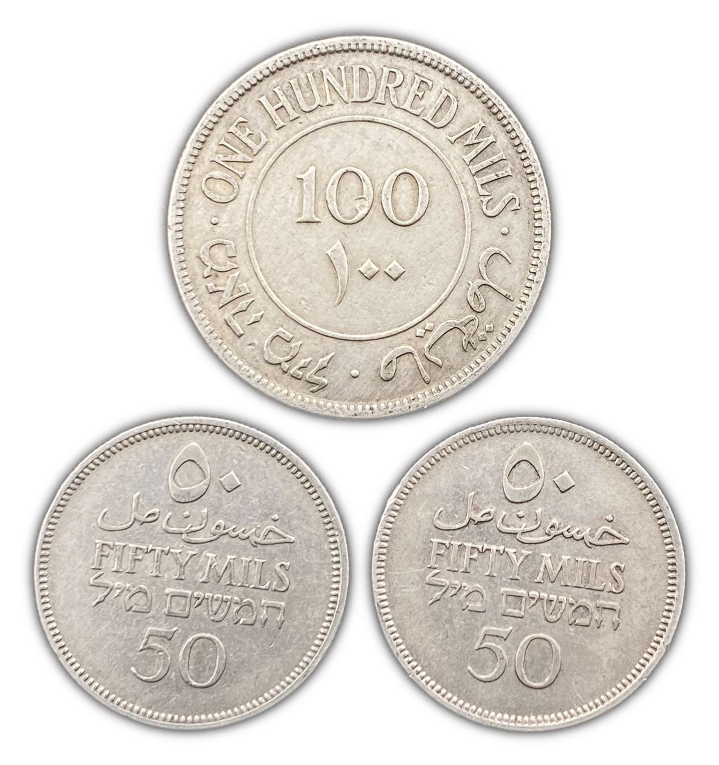 Palestine - Lot of 3 coins of 50 and 100 Mils 1935, 1942 - VF
Mil was the Hebrew name of the coin ... - 1 1