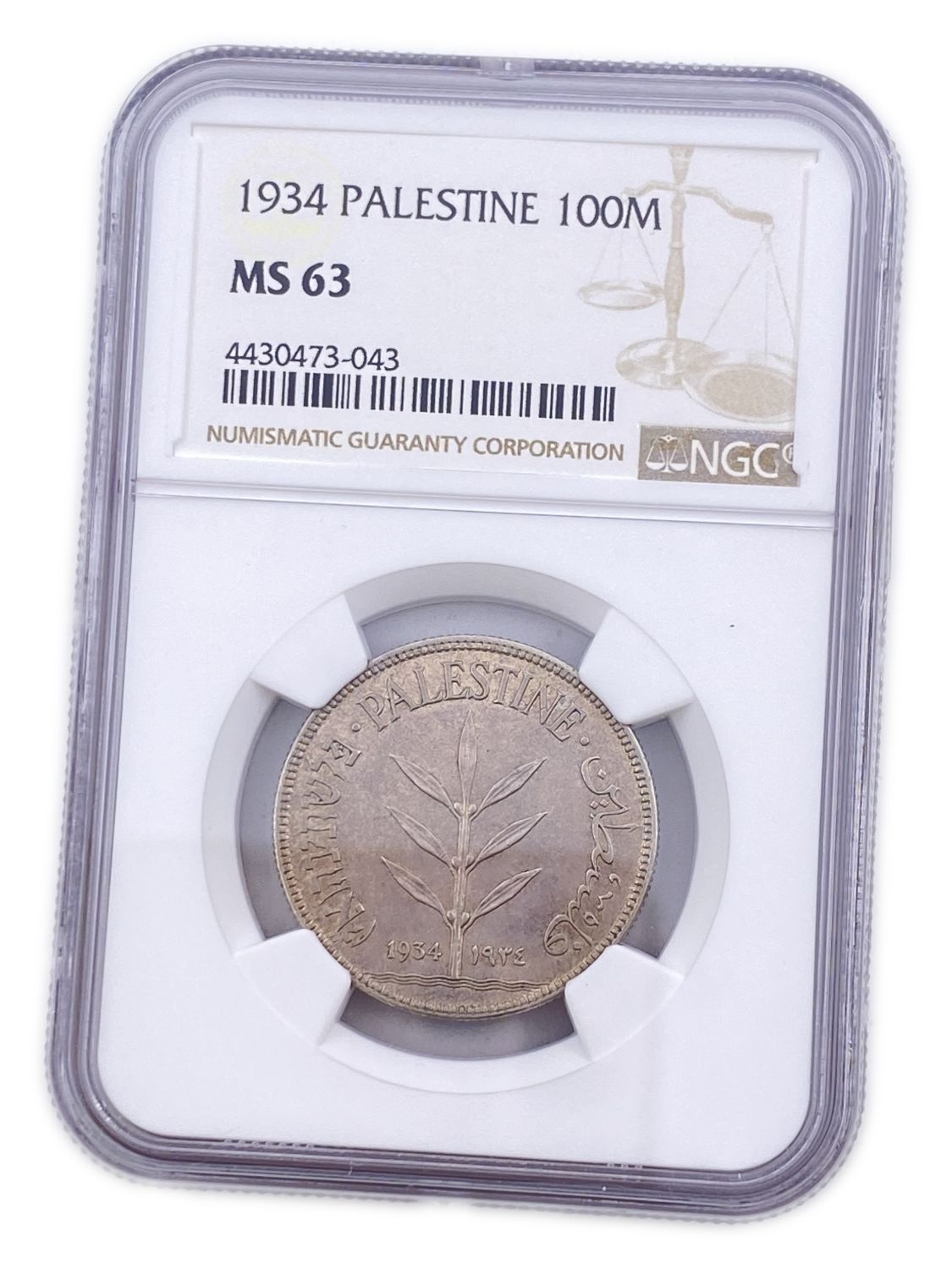 Palestine - 100 Mils 1934 - NGC MS63 - High grade, only one grade known in this grade company above this ... - 1 2