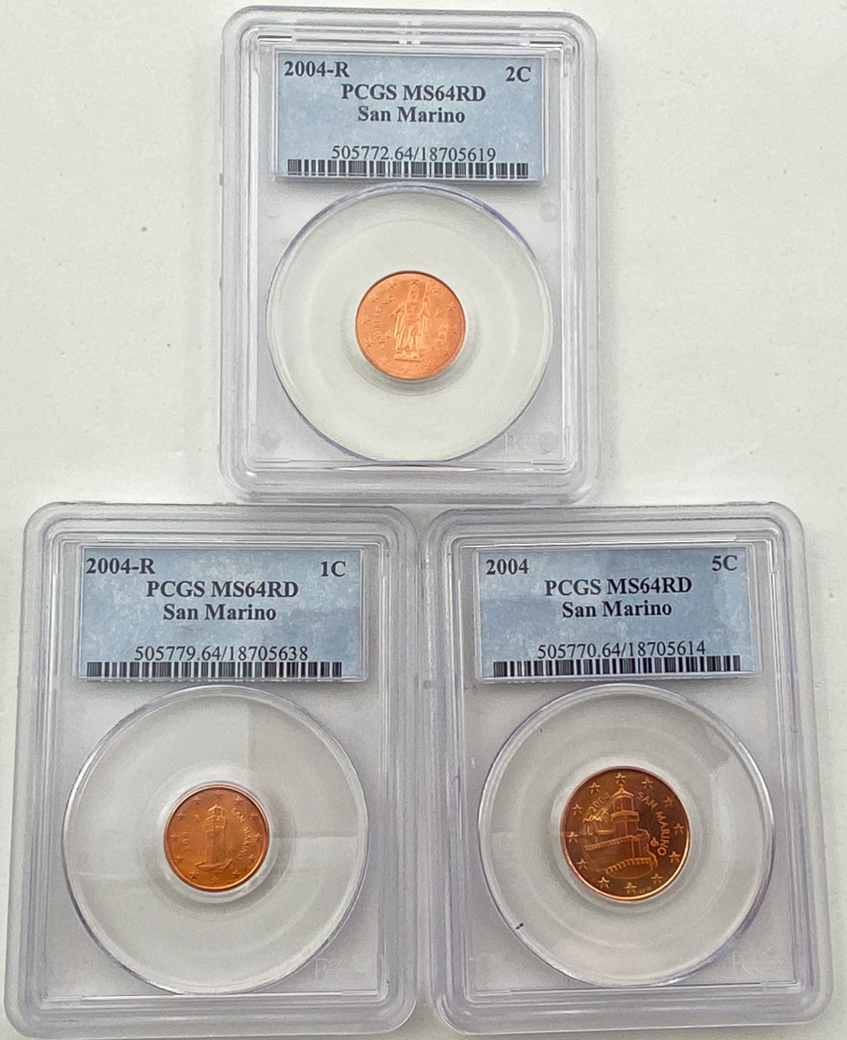 San Marino - Lot of 3 coins 1, 2, 5 cents 2004R - PCGS MS64RD - 1 0