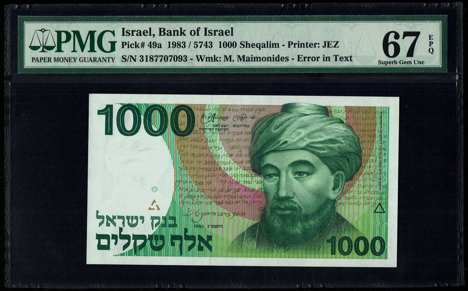 Israel - 1000 Shekels 1983 - "Rarav" - PMG 67 EPQ
One can see on the front of the note a vertical ... - 1 0