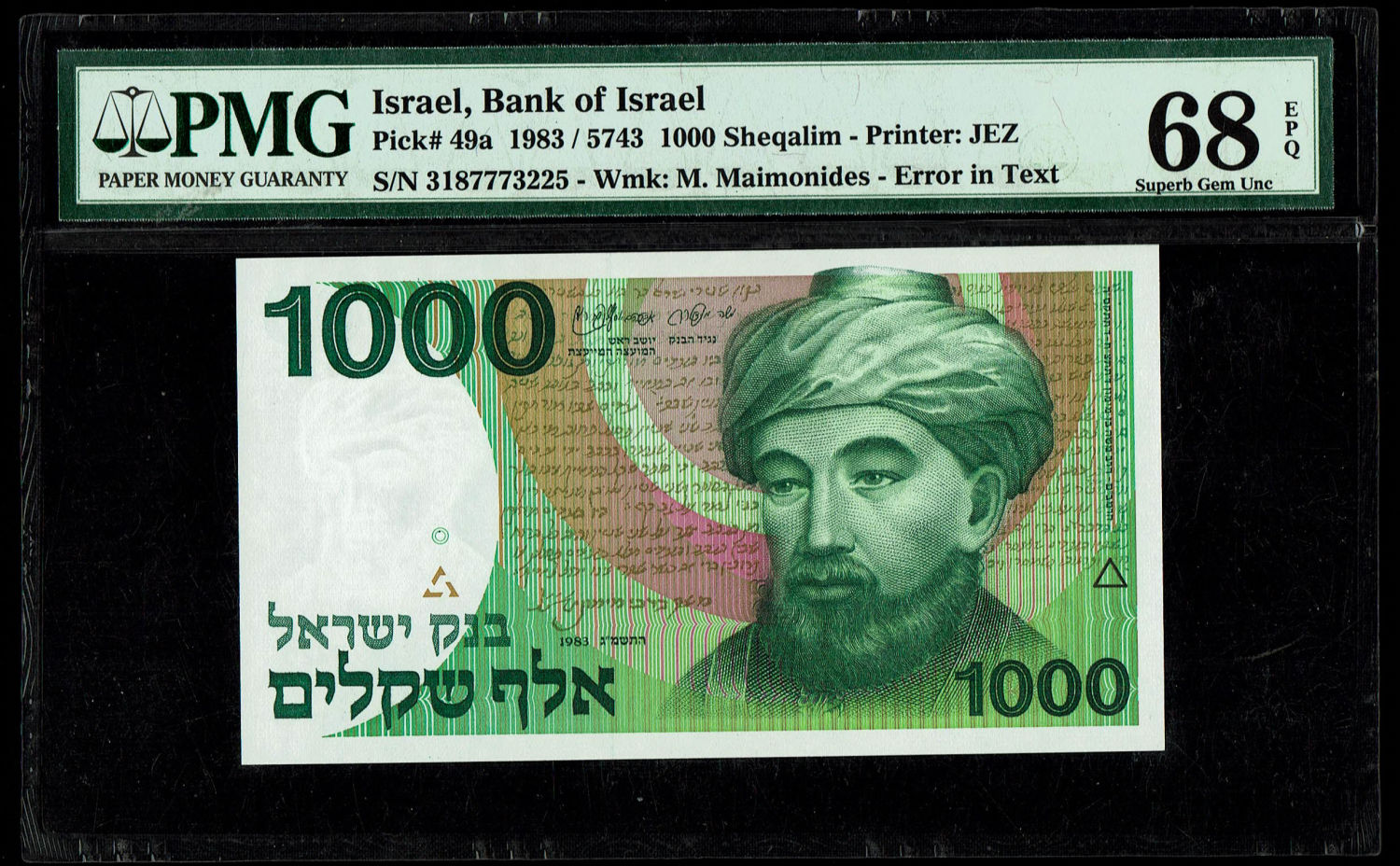Israel - 1000 Shekels 1983 - "Rarav" - PMG 68 EPQ
One can see on the front of the note a vertical ... - 1 0