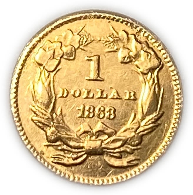 US - 1 Dollar Coin 1868 - Large Indian Head - XF-AU - Gold 900, 1.669 g, 15mm
Mintage: 10 ... - 1 0