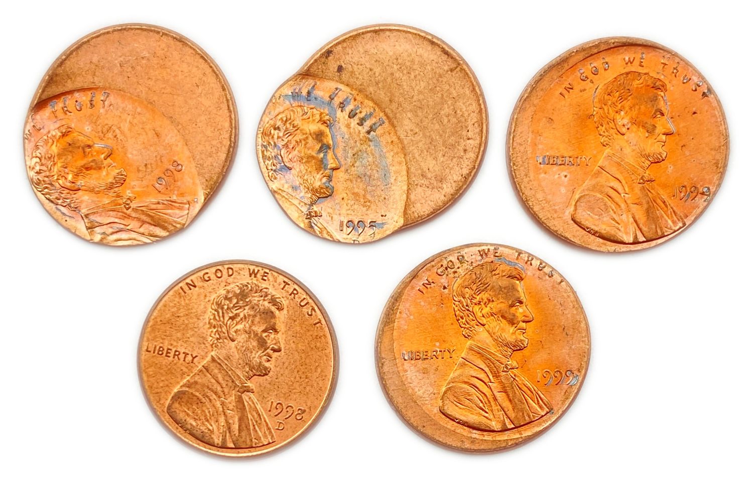 USA - Lot of 5 coins 1 cent - minting error, off center - AU - 1 0