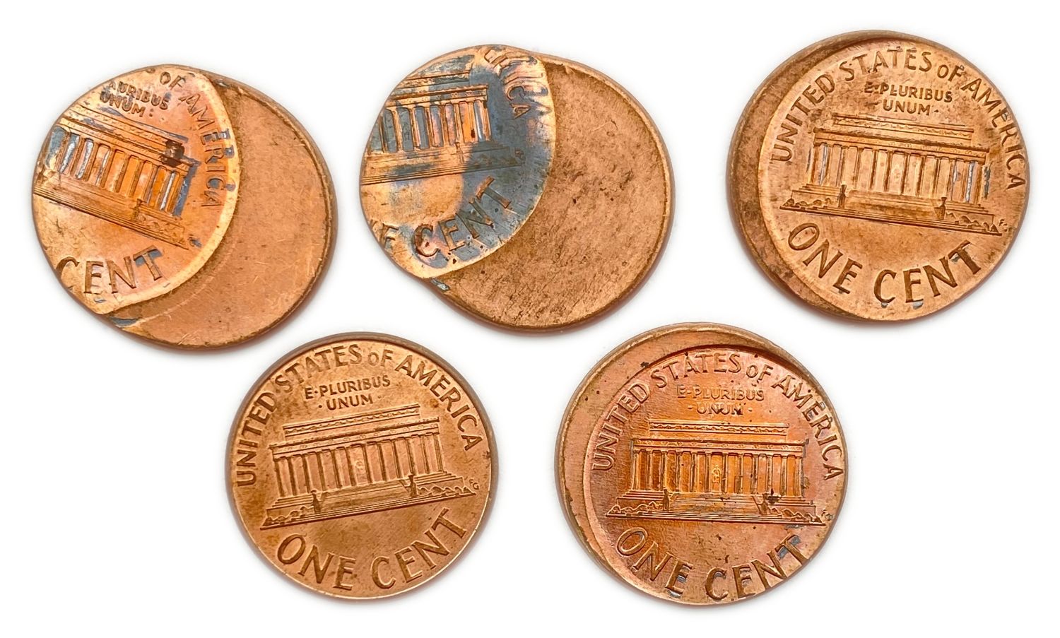 USA - Lot of 5 coins 1 cent - minting error, off center - AU - 1 1