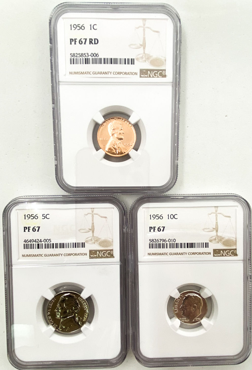USA - Lot of 3 coins 1, 5, 10 cents 1956 - NGC PF67 - 1 0