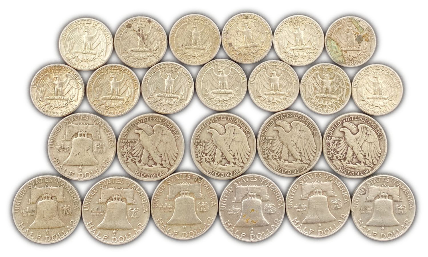 USA - Lot of 24 Silver Coins 1/4 and 1/2 Dollars - Forties, Fifties and Sixties - F-XF - 1 1