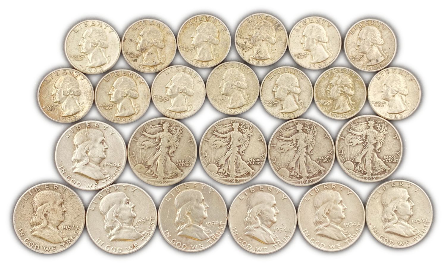 USA - Lot of 24 Silver Coins 1/4 and 1/2 Dollars - Forties, Fifties and Sixties - F-XF - 1 0