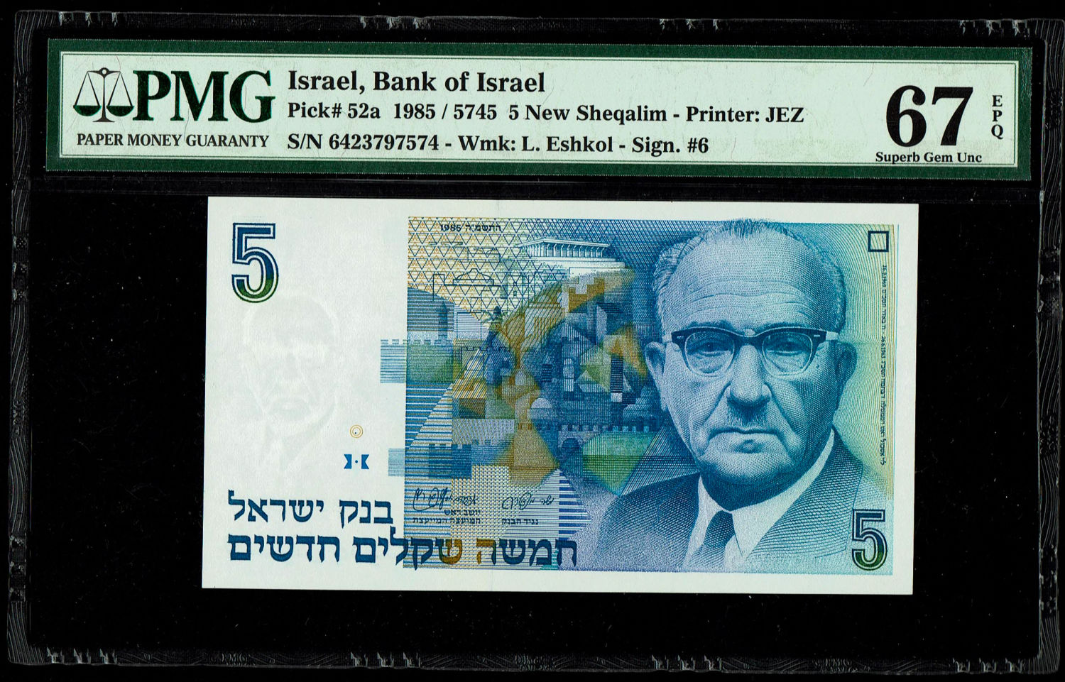 Israel - 5 New Shekel 1985 - PMG 67 EPQ
In 1985, following high inflation, it was decided to replace ... - 1 0
