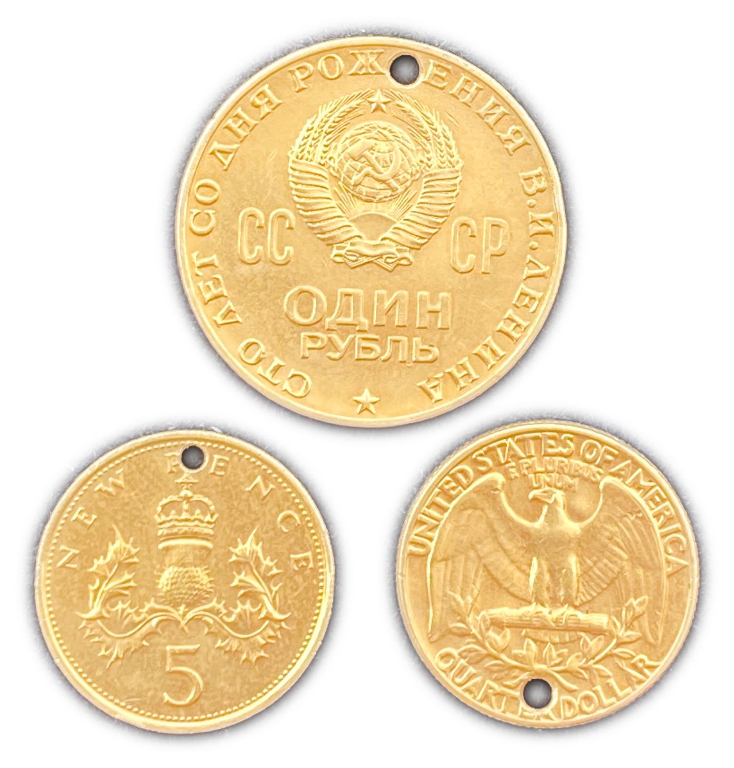 World - Lot of 3 coins (gold plated?) And perforated - USA and Russia - 1 1