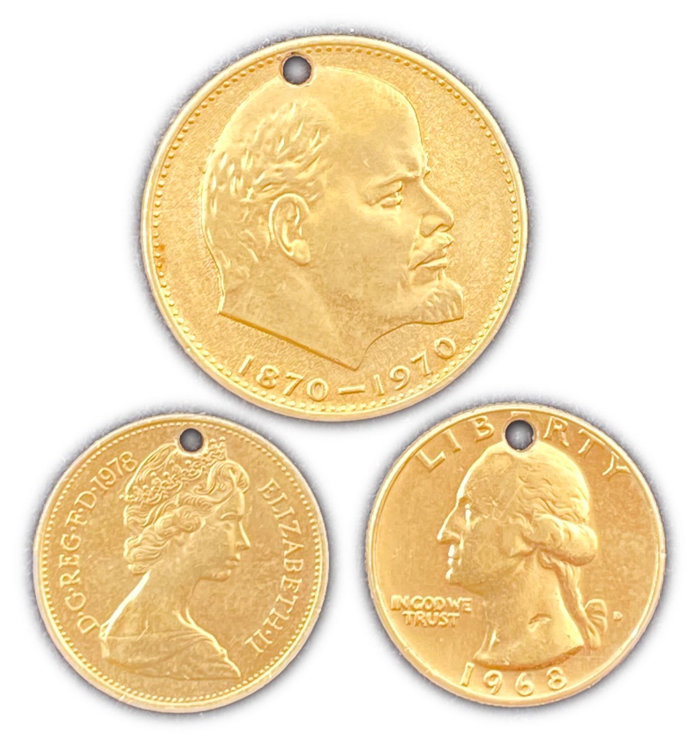 World - Lot of 3 coins (gold plated?) And perforated - USA and Russia - 1 0