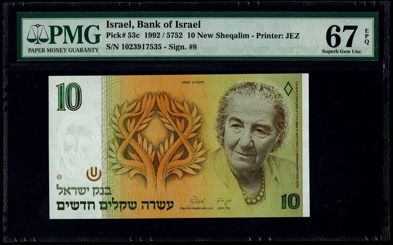 Israel - 10 New Shekel 1992 - PMG 67 EPQ
In 1985, following high inflation, it was decided to ... - 1 0
