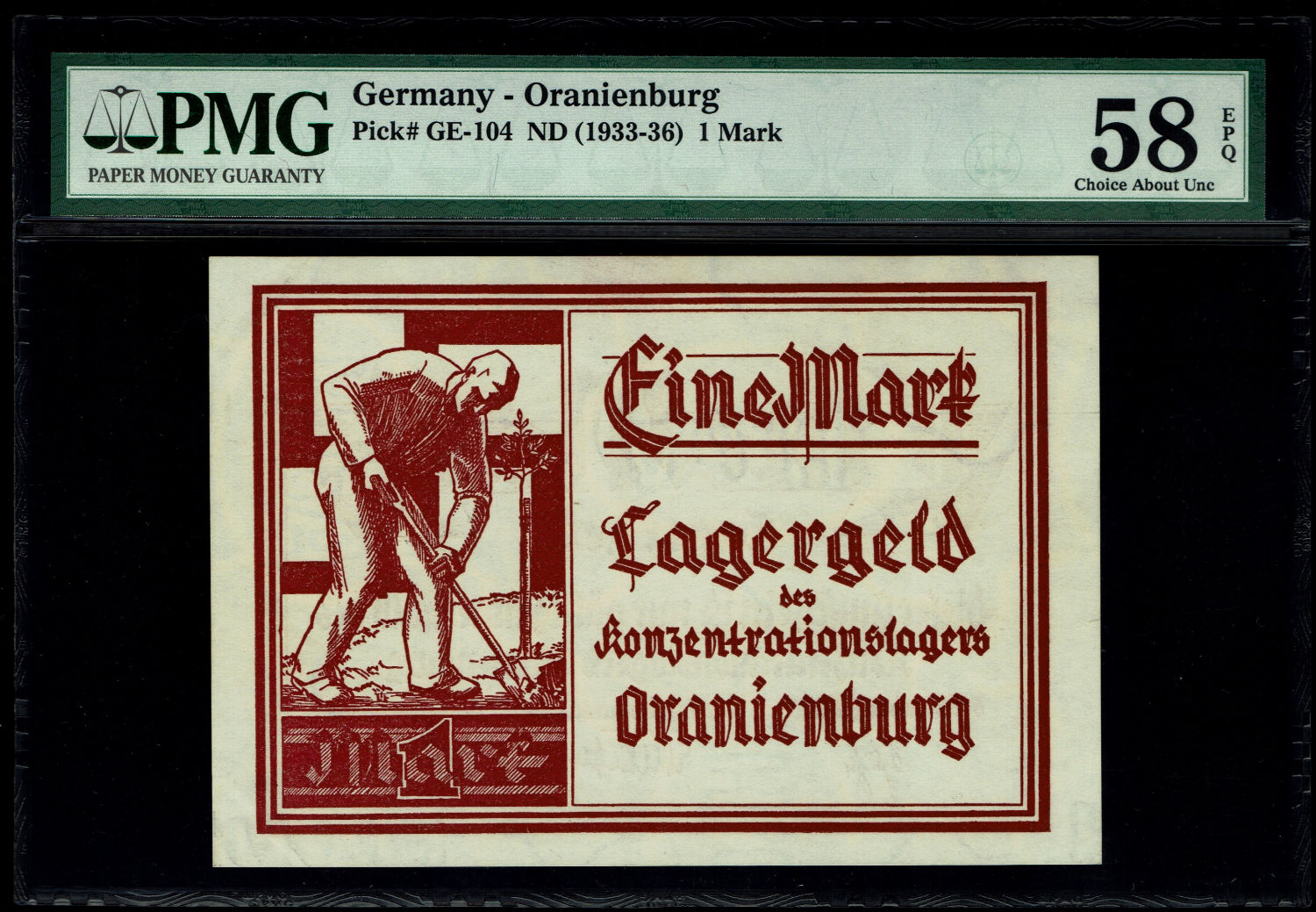 Germany - 1 Mark 1933-1936 - Ornienburg (The first concentration camp)- PMG 58 EPQ
The Oranienburg ... - 1 0